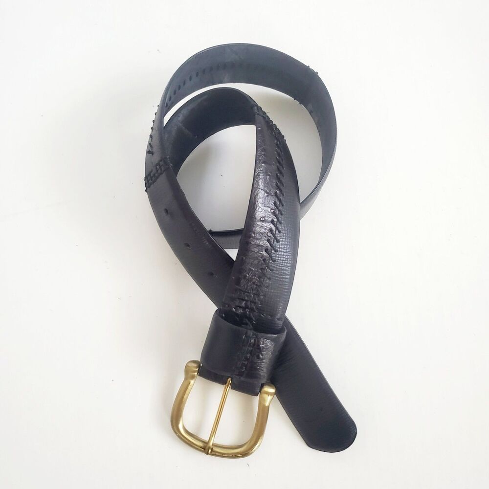 VTG Liz Claiborne Women's Black Leather Belt Large Brass Buckle Fits 31โ34 inch